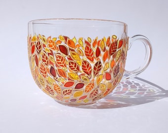 Fall mug gift, hand-painted floral glass mug for nature lover person
