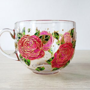 Caneca de vidro rosas para mulheres, caneca pintada à mão, caneca grande de flores rosas