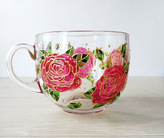 Roses Glass Mug for Women, Hand Painted Mug, Pink Flowers Large Mug 