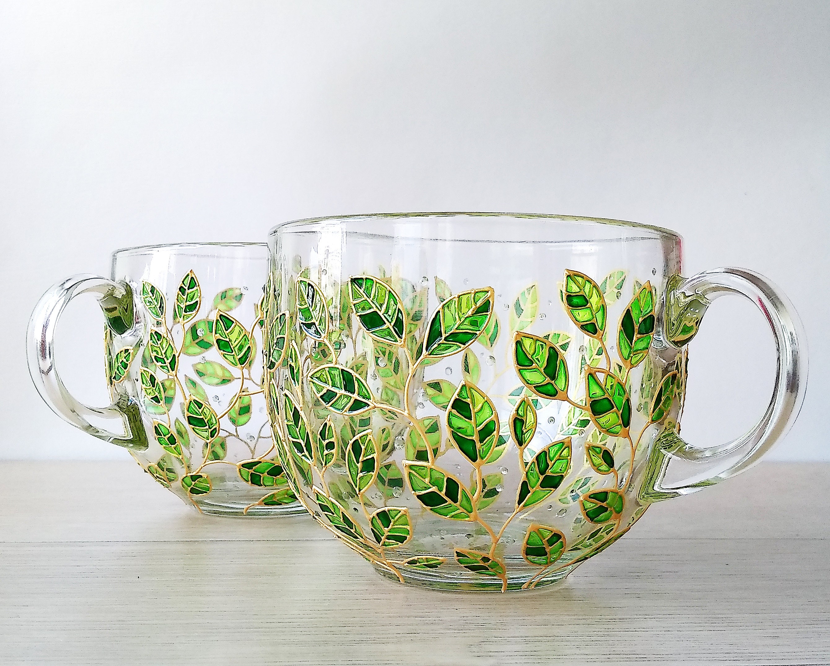 Tropical Glass Mugs Set of 2 Cups, Hand-painted Green Leaves Mugs