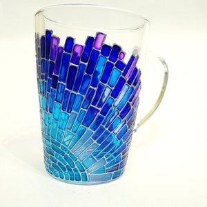 Blue coffee mug, unique hand-painted mosaic glass mug