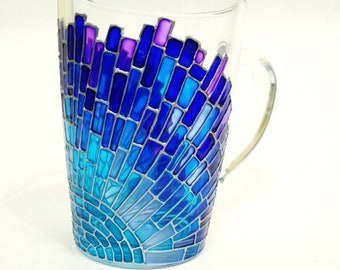 Blue coffee mug, unique hand-painted mosaic glass mug