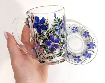 Periwinkle glass set of cup & saucer, hand-painted violet flowers coffee mug, gardening tea cup set, nature lover mug gift