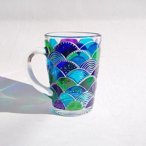 Mermaid blue green glass coffee mug, hand painted mermaid girl gift, Mermaid tail stuff