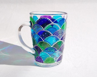 Mermaid blue green glass coffee mug, hand painted mermaid girl gift, Mermaid tail stuff