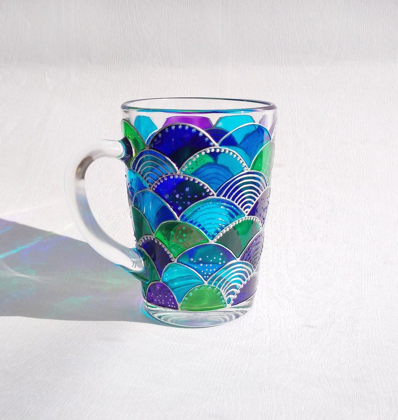 Mermaid blue green glass coffee mug, hand painted mermaid girl gift, Mermaid tail stuff image 1