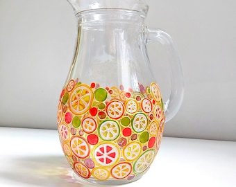 Citrus slices jug, Hand-painted glass pitcher, juice jug, water jug, glass jug vase