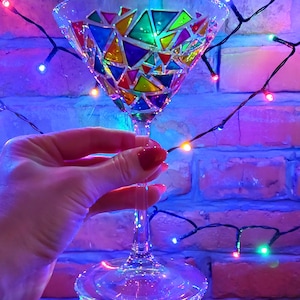 Mosaic martini glass, hand-painted cocktail glass, multi colored geometric design wine glass gift