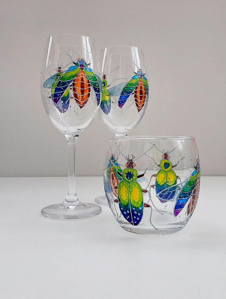Bugs & Beetles Stemless Wine Glass, Custom Hand-painted Insect Wine ...