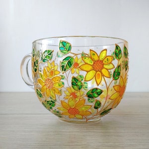 Sunflowers glass mug, hand painted floral coffee mug