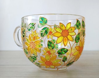 Sunflowers glass mug, hand painted floral coffee mug