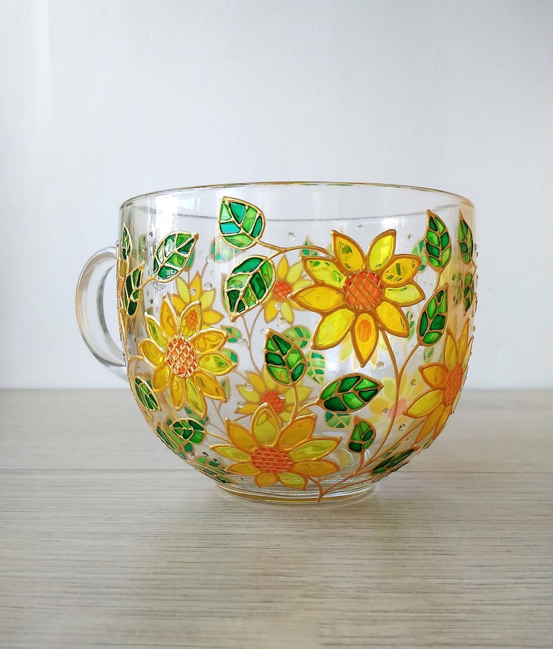 Taza de cristal grande de girasol taza de café floral pintado image 0