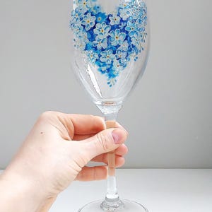 Hand Painted Blue Flowers Heart Wine Glass, Botanical Beverage Gift