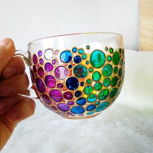 Rainbow glass mug, colored hand painted coffee mug with funny bubbles design