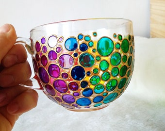 Rainbow glass mug, colored hand painted coffee mug with funny bubbles design