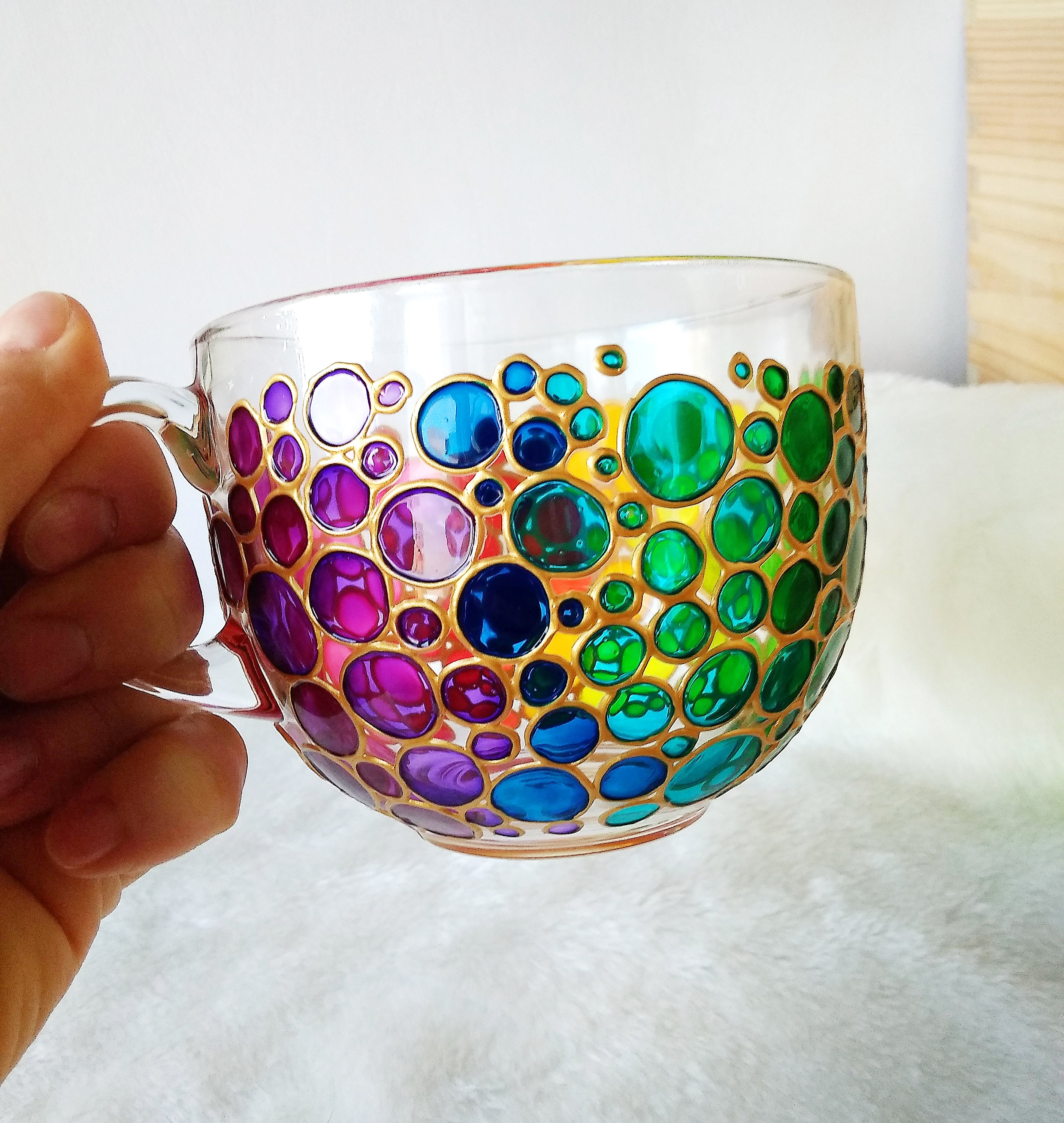 Rainbow Glass Mug, Colored Hand Painted Coffee Mug With Funny Bubbles  Design 