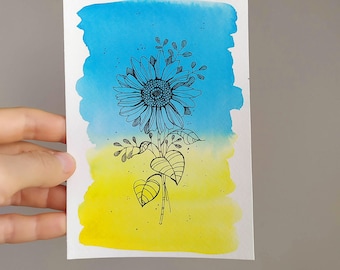 Original Watercolor painting of sunflower on blue & yellow background, watercolor flowers, floral wall art