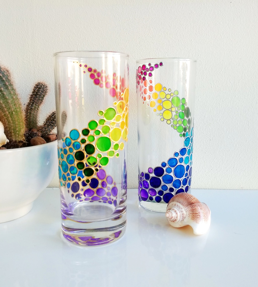 Rainbow Drinking Glasses Set of 2 Hand Painted Colored Tumblers, Water ...
