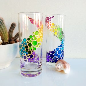 Rainbow drinking glasses set of 2 hand painted colored tumblers, water glasses set for couple, custom personalized drinkware