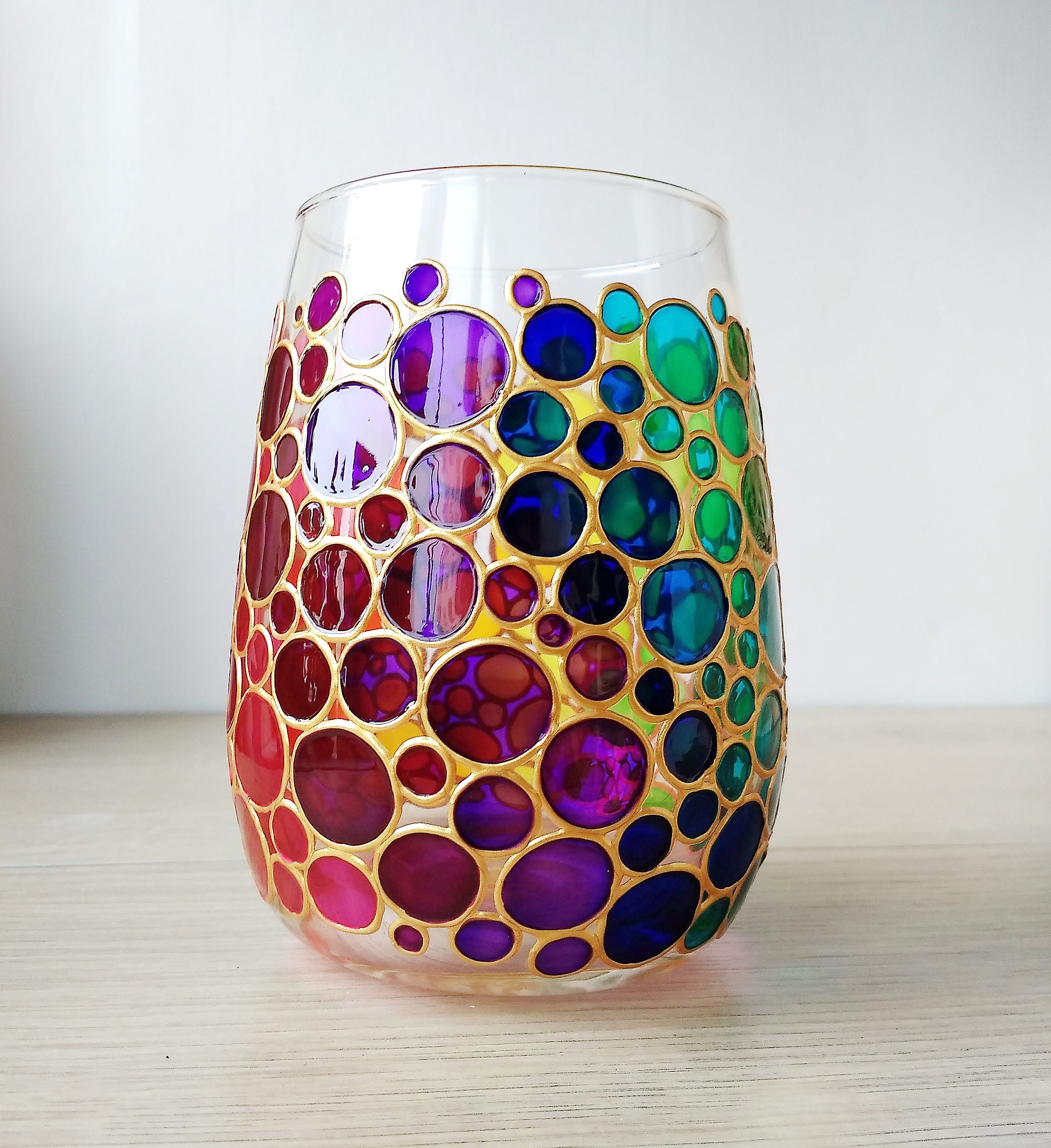 Stemless rainbow wine glass custom hand painted wine glasses Etsy