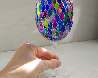 Hand-Painted Mosaic Wine Glass: Multicolored Stemmed Glass Gift