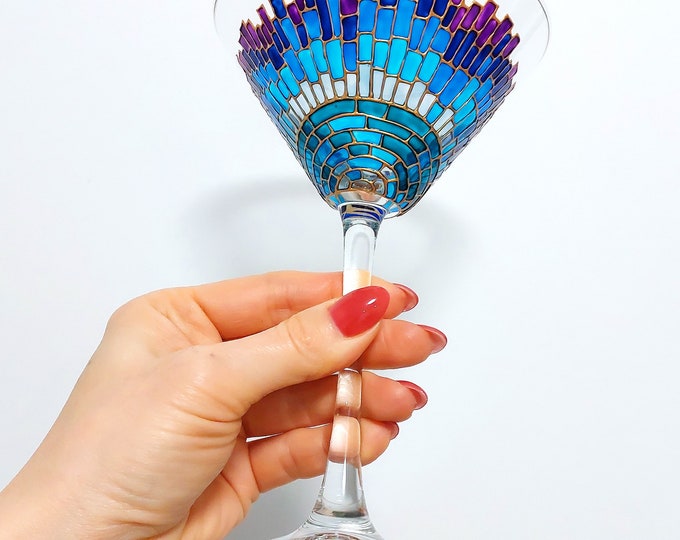 Blue martini glass, hand-painted cocktail glass, mosaic wine glass gift