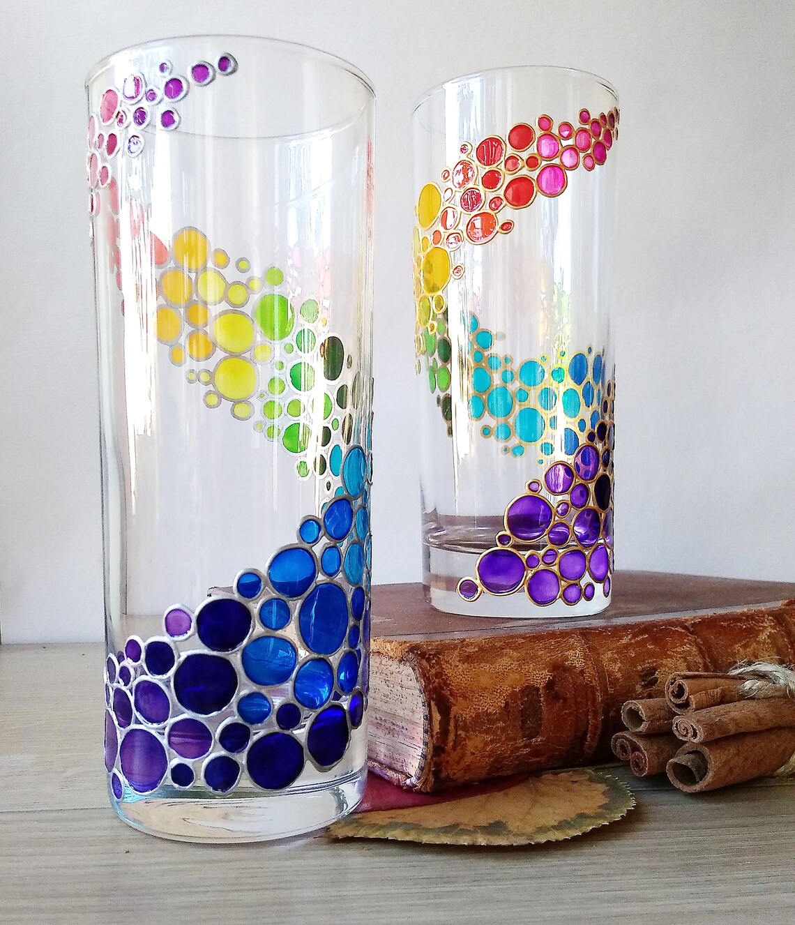 Rainbow drinking glasses set of 2 hand painted colored | Etsy