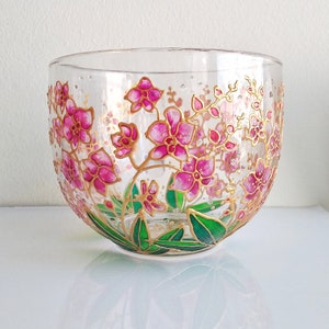 Pink orchids glass mug for her,  hand painted flowers coffee mug