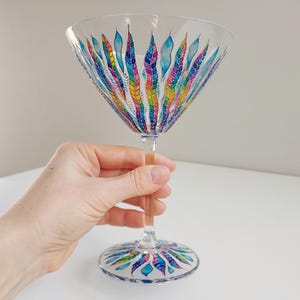 Rainbow feather martini glass, Hand-painted custom party cocktail glassware