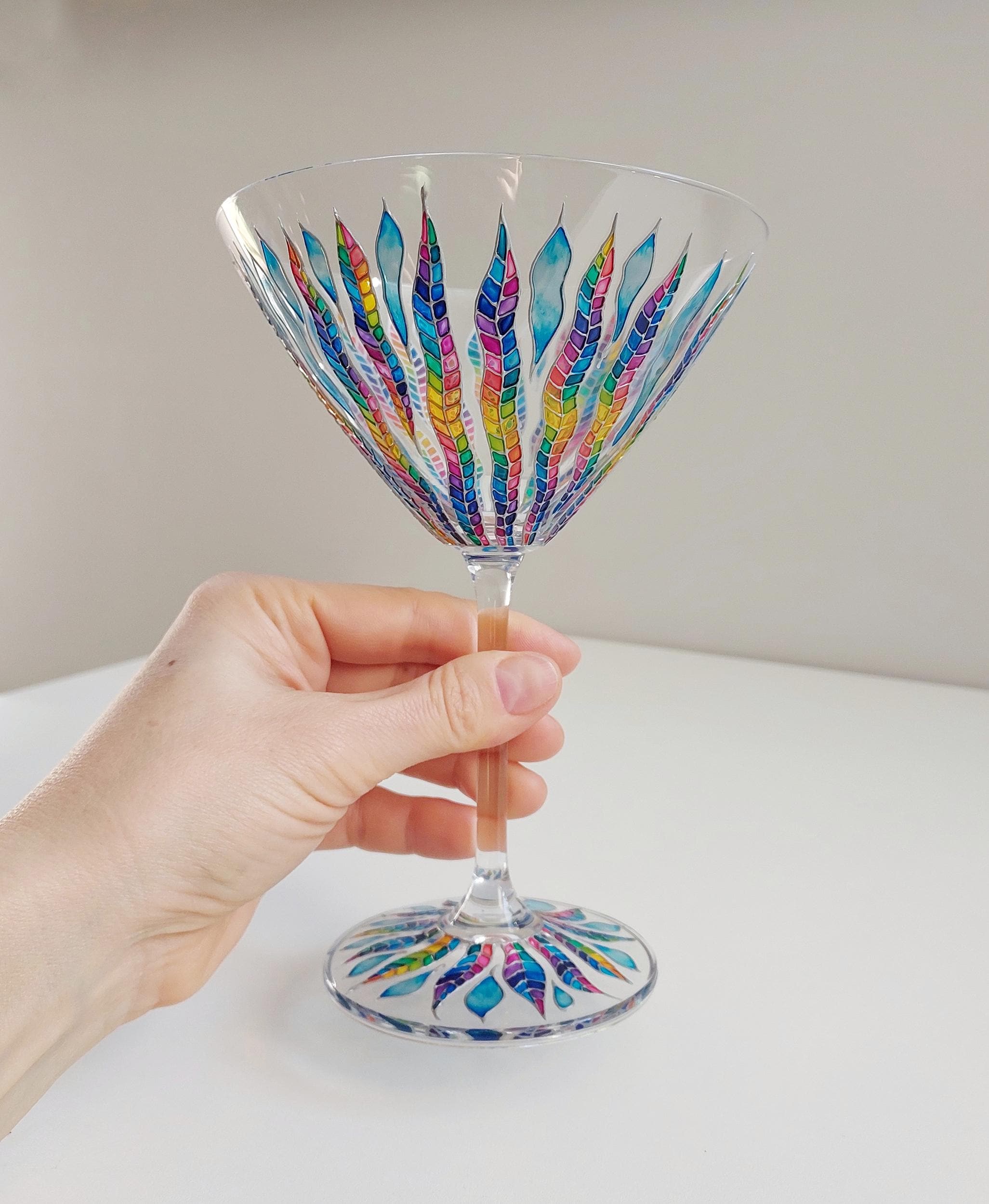 Rainbow Feather Martini Glass, Custom Hand-painted Cocktail