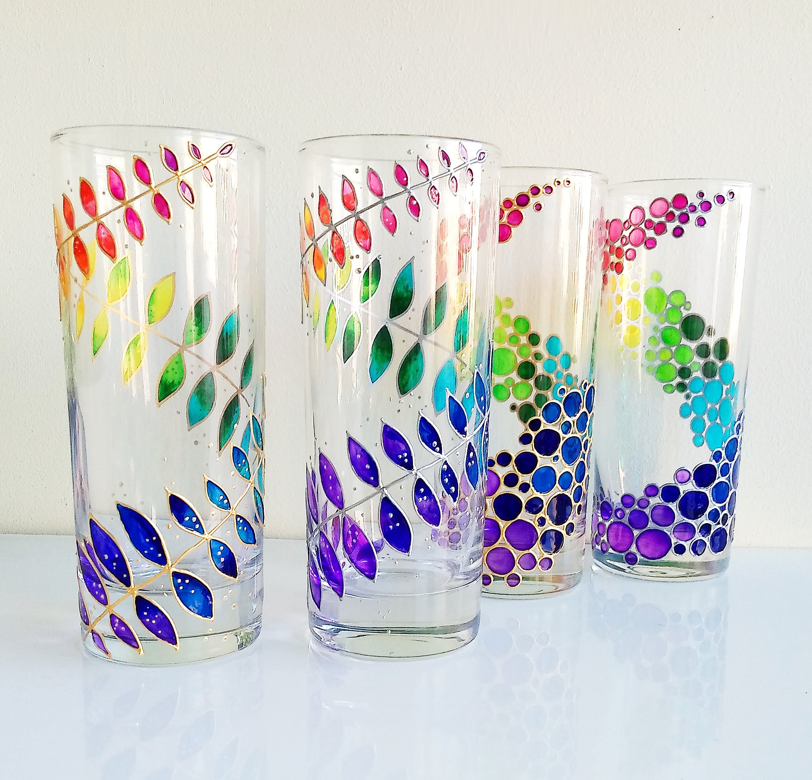 Rainbow Drinking Glasses Set of 2 Couple Glass Hand Painted Colored Tumblers  