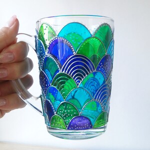Mermaid blue green glass coffee mug, hand painted mermaid girl gift, Mermaid tail stuff image 6