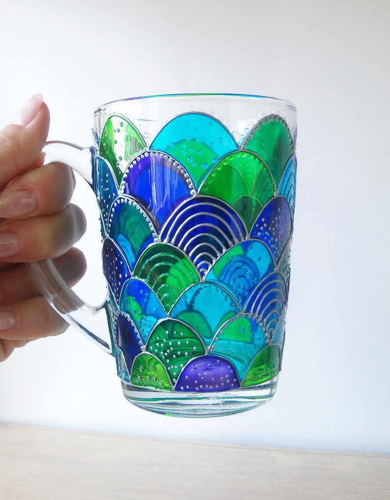 Mermaid blue green glass coffee mug, hand painted mermaid girl gift, Mermaid tail stuff image 6