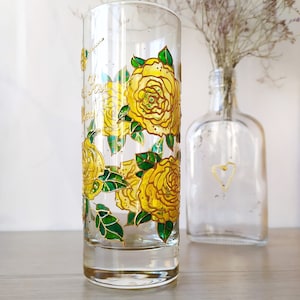 Yellow roses everyday straight water glass, Hand painted flowers glassware