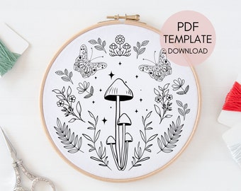 Mushroom Embroidery Design Pattern, Mushroom Hand Embroidery Digital Download Template, Floral Cottagecore Embroidery Pattern for Beginners