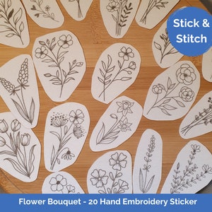 Stick, Stitch and Wash Away, 20pcs Flower Bouquet Floral Designs DIY Hand Embroidery Design Stick and Stitch Sticker Transfer Kit