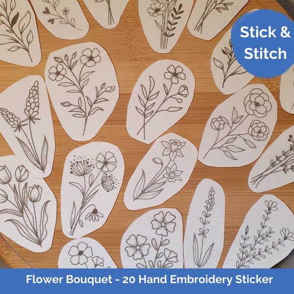 Stick, Stitch and Wash Away, 20pcs Flower Bouquet Floral Designs DIY Hand Embroidery Design Stick and Stitch Sticker Transfer Kit