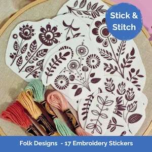 Stick, Stitch and Wash Away, 17pcs Floral Folk Designs DIY Water Soluble Hand Embroidery Design Sticker Kit