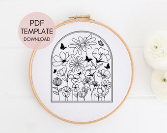 Flower Arch Embroidery Design Pattern, Hand Embroidery Digital Download Template, Floral Window Embroidery Pattern for Beginners