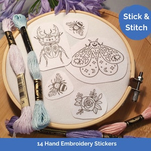 Stick, Stitch and Wash Away, 14pcs Witchy Mystic Bee, Butterfly, Snake Embroidery Designs DIY Beginner Hand Embroidery Design Sticker Kit