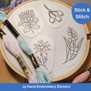 Stick, Stitch and Wash Away, 15pcs Australian Native Flower Embroidery Designs DIY Water Soluble Hand Embroidery Design Sticker Transfer Kit