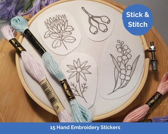 Stick, Stitch and Wash Away, 15pcs Australian Native Flower Embroidery Designs DIY Water Soluble Hand Embroidery Design Sticker Transfer Kit