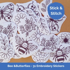 Stick, Stitch and Wash Away, 31pcs Bee, Butterfly, Flower Hand Embroidery Sticker Kit. Bee Embroidery Design. Butterfly Embroidery Design