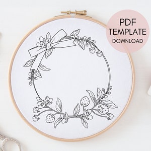 Strawberry Wreath Embroidery Design Pattern, Hand Embroidery Digital Download Template, Strawberry Bow Frame Embroidery Pattern