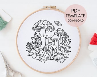 Mushroom Embroidery Design Pattern, Mushroom Hand Embroidery Digital Download Template, Floral Cottagecore Embroidery Pattern for Beginners