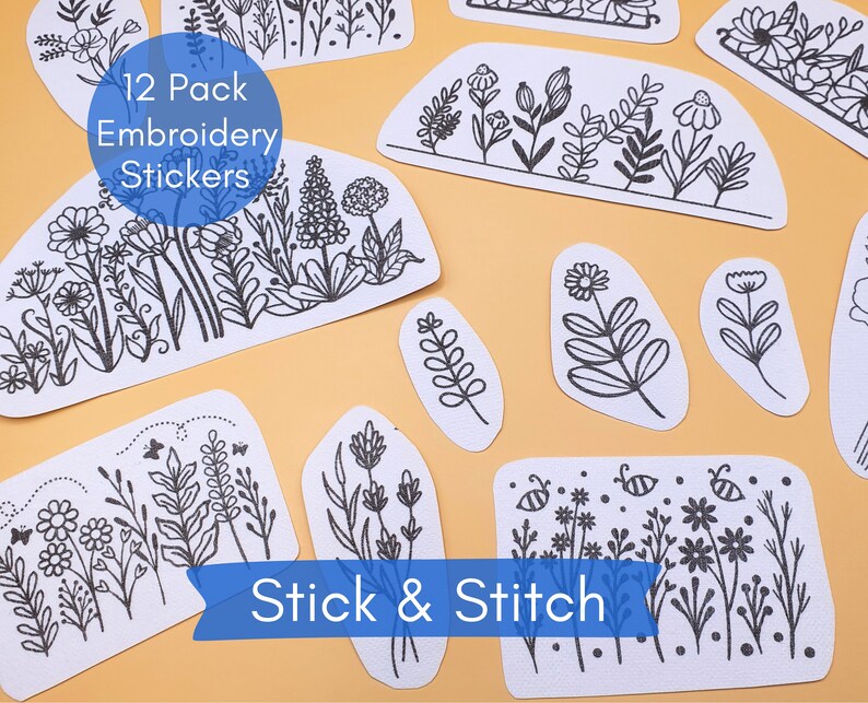 Stick, Stitch and Wash Away, 12pcs Floral Designs DIY Hand Embroidery Design Stick and Stitch ...