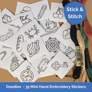 Stick, Stitch and Wash Away, 35pcs Mini Doodle Designs DIY Hand Embroidery Design Water Soluble Sticker Transfer Kit