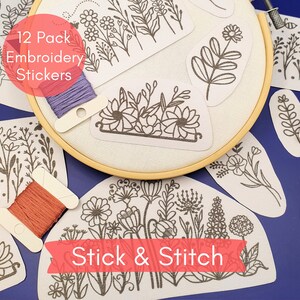 Stick, Stitch and Wash Away, 12pcs Floral Designs DIY Hand Embroidery Design Stick and Stitch ...