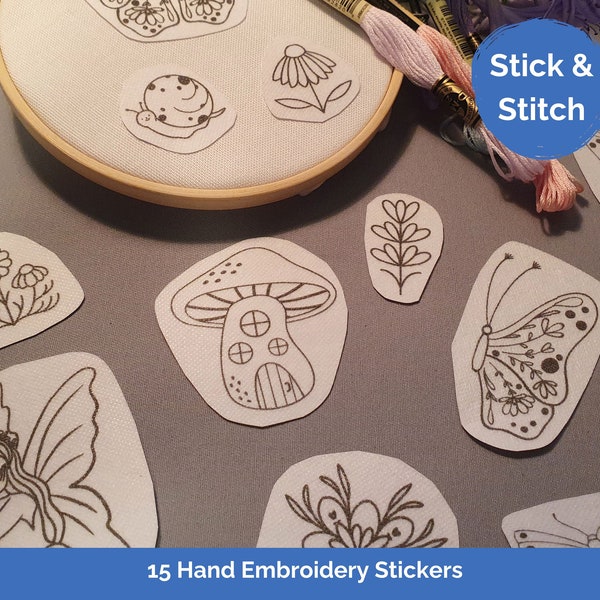 Stick and Stitch, Mushroom Embroidery Design, 15pcs Fairy, Mushroom, Butterfly Embroidery Stickers Beginner Hand Embroidery Kit Pattern