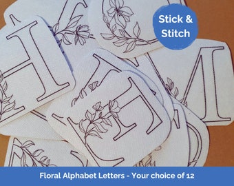Stick, Stitch and Wash Away, Your choice of 12 Floral Alphabet Monogram Letter DIY Water Soluble Hand Embroidery Design Sticker Transfer Kit